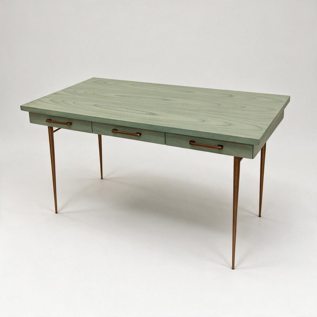 Needle Desk With Washed Wood Top and Brass Legs