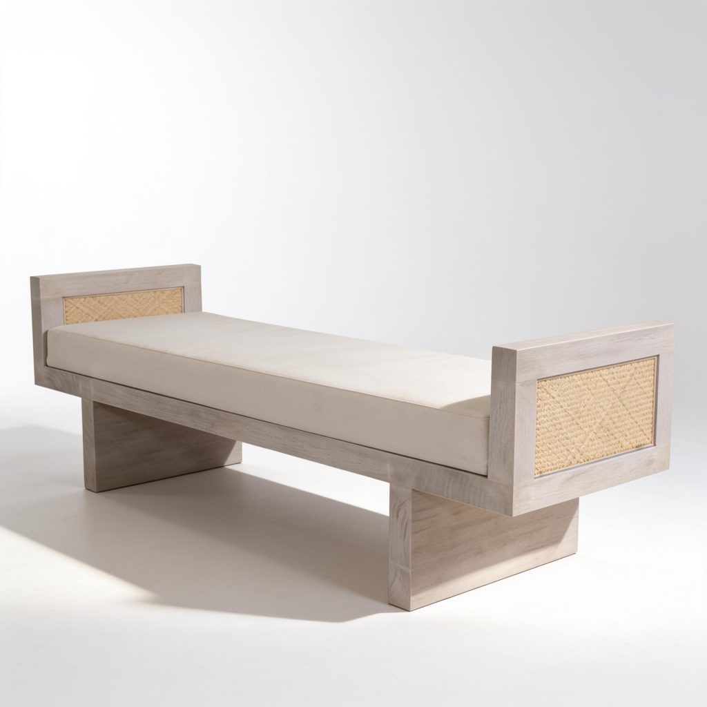 Seagry Bed Bench in White Washed Wood and Rattan