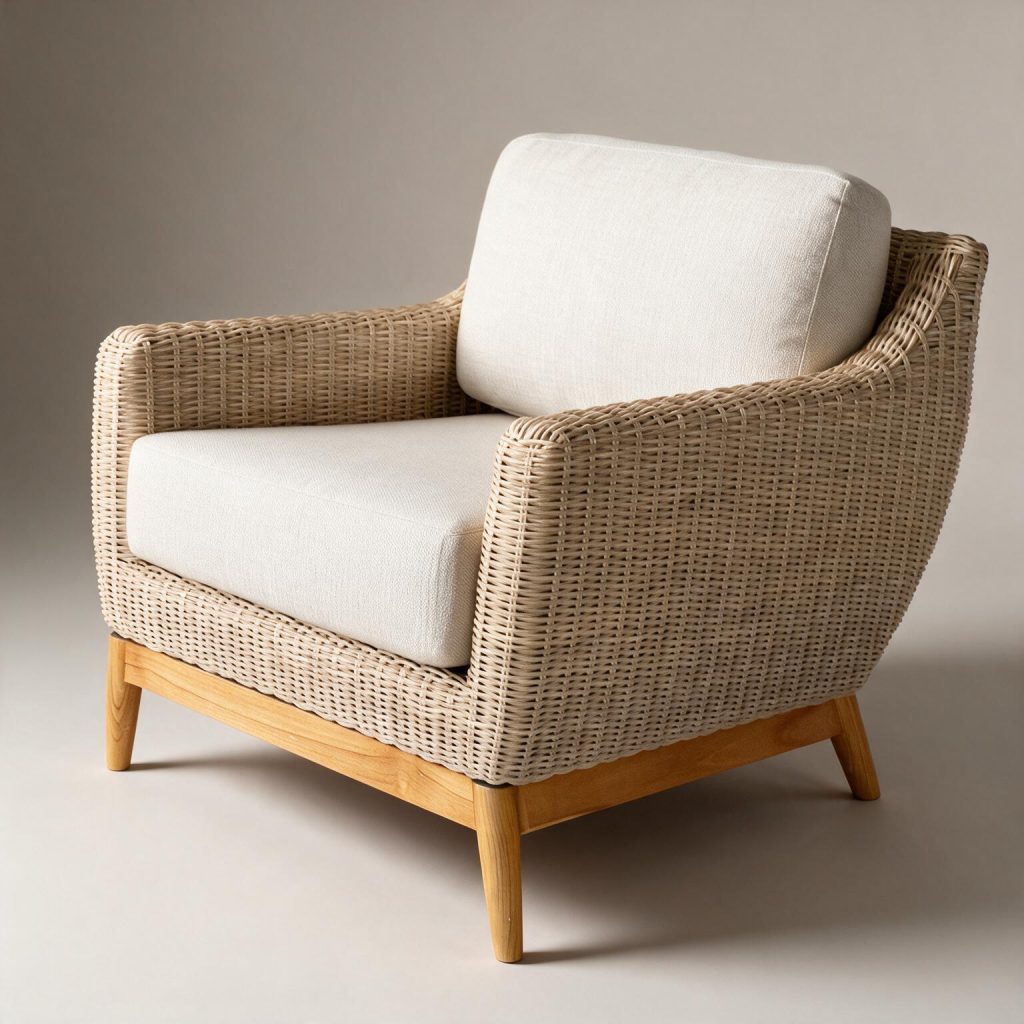 Marco Rattan and Wood Upholstered Arm Chair