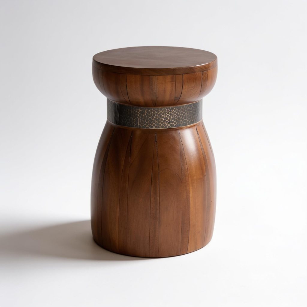 Wood and Beaten Brass Drum Side Table